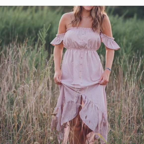 Showpo. Dresses & Skirts - Showpo maxi dress blush polka dot off the shoulder peasant party romantic size 4